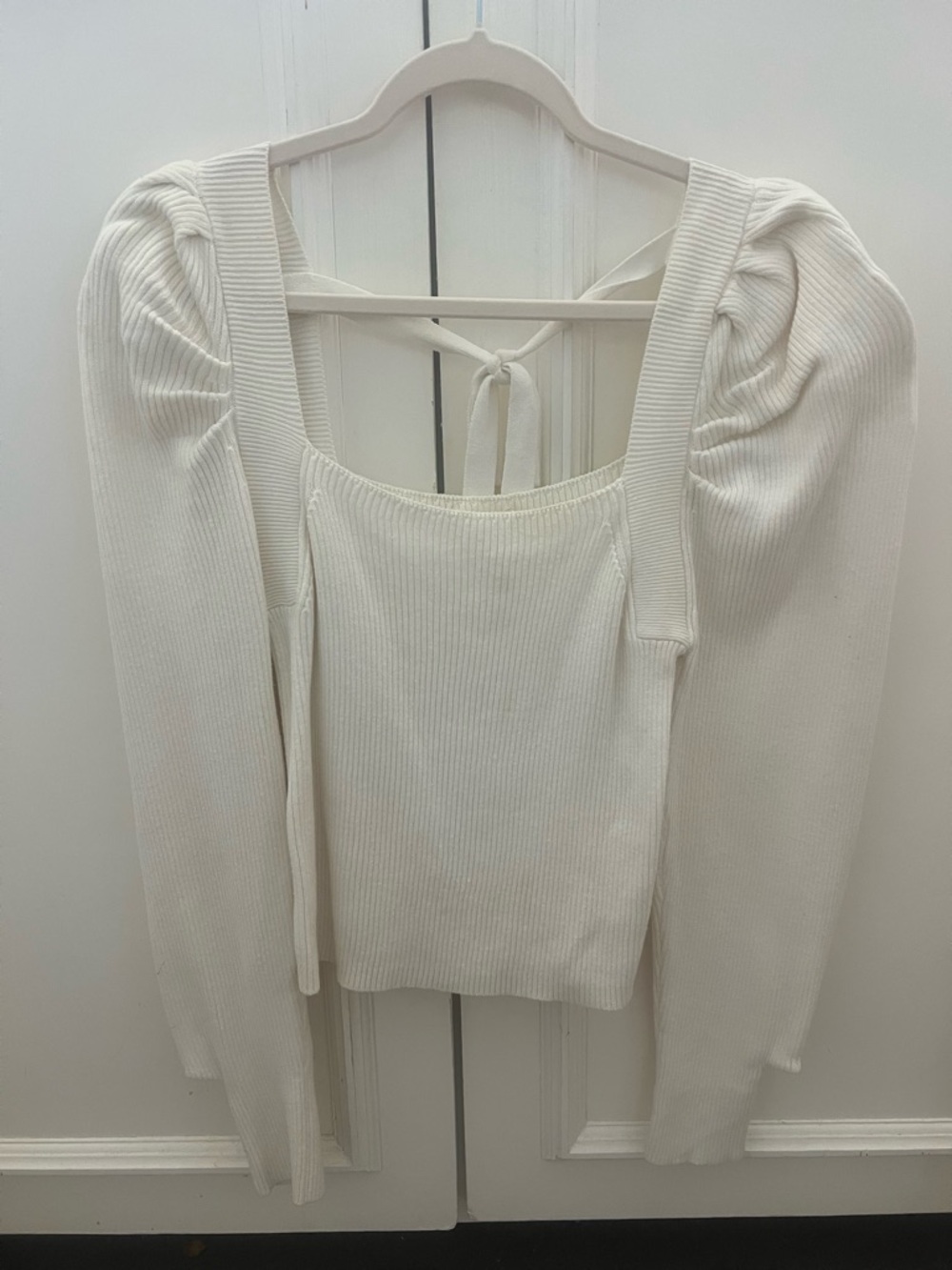 entro Cream Ribbed Puff-Sleeve Square Neck Crop Top